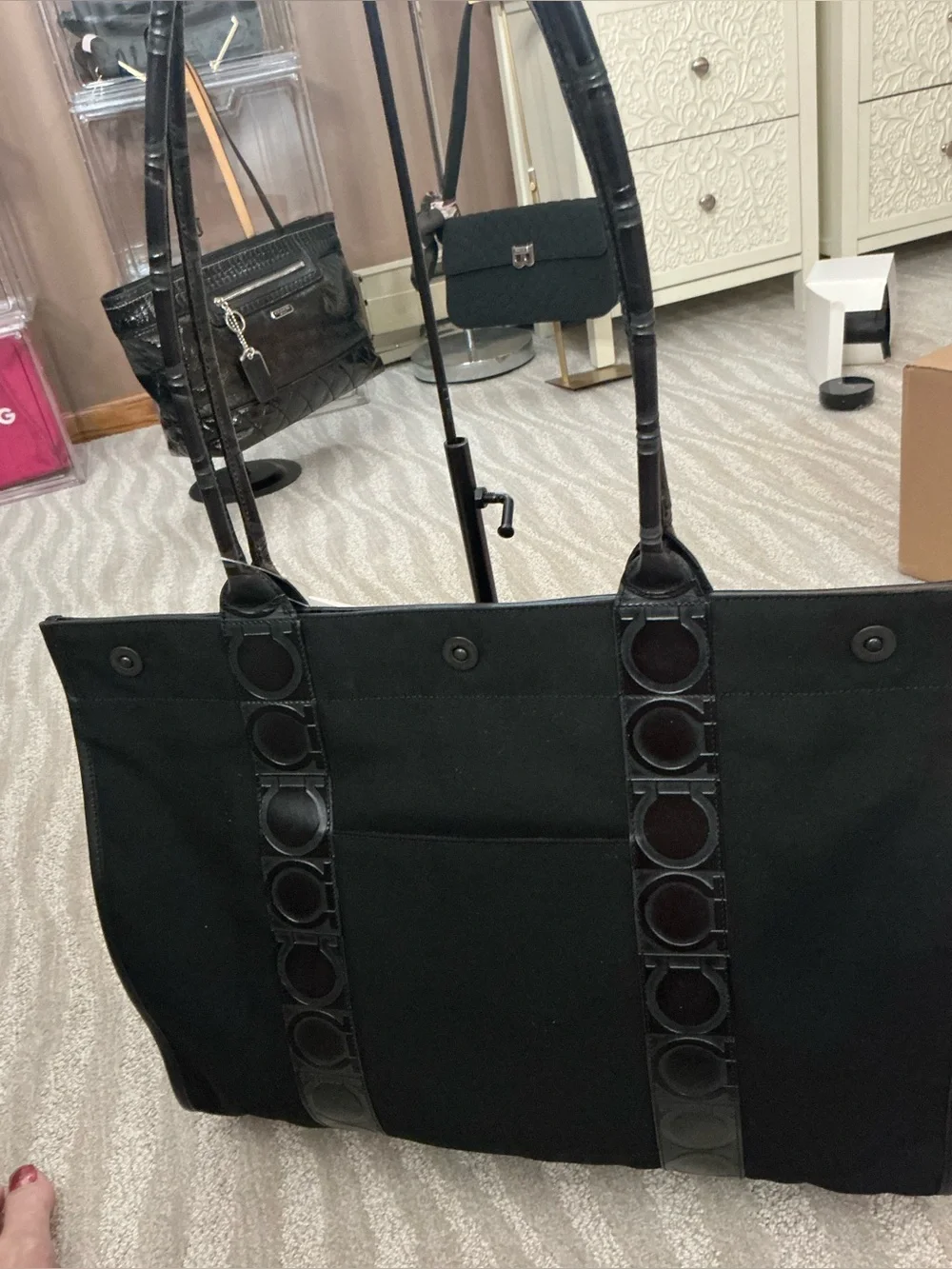 Salvatore Ferragamo Black Gancini Canvas Tote Bag Large Shoulder Shopper